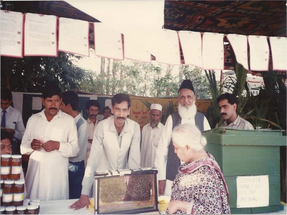 Shah Farms exhibition stall with honey jars and observation hive in the 1990s